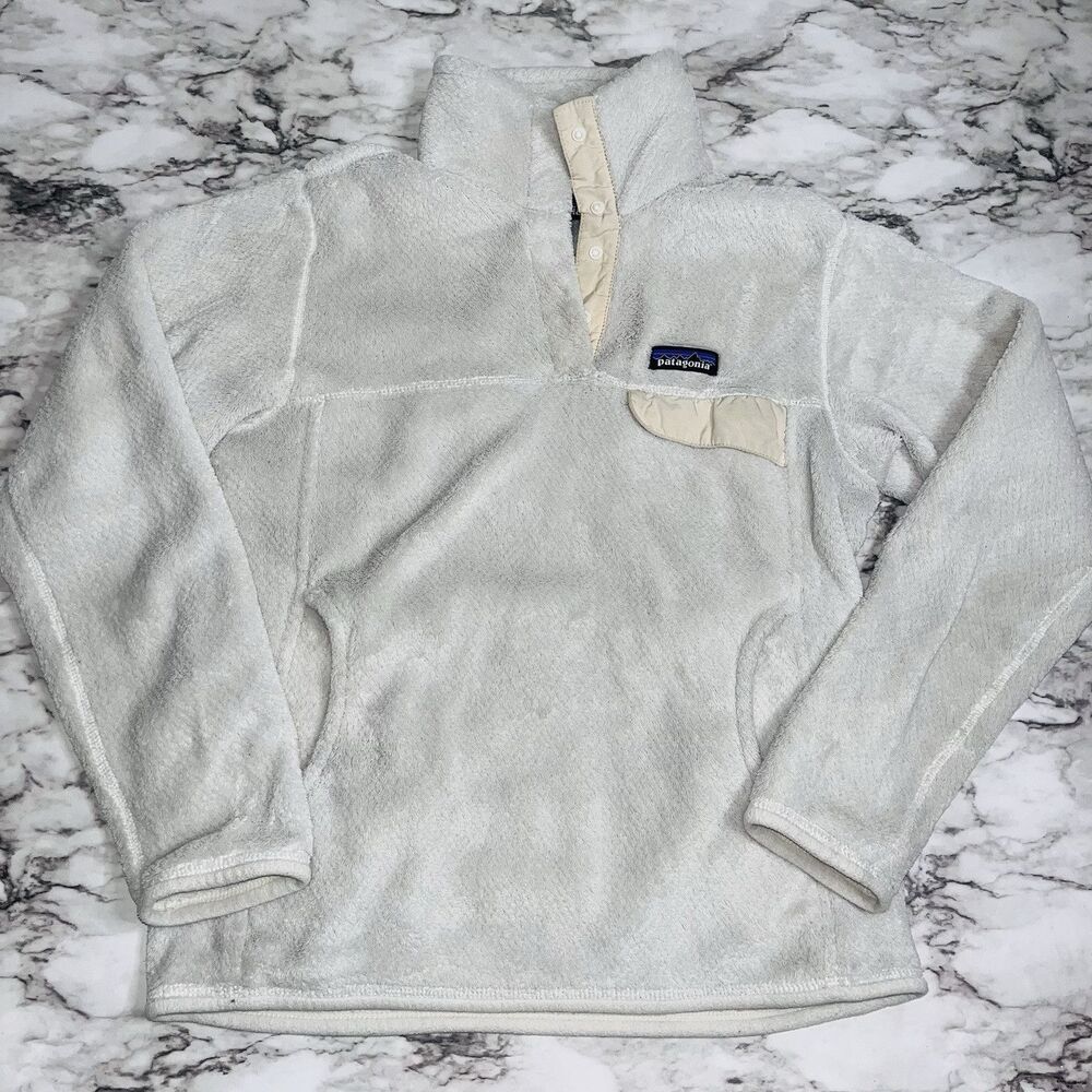 Patagonia Synchilla Polartec Fleece Jacket Women Size Sm White Gray Snap Pockets